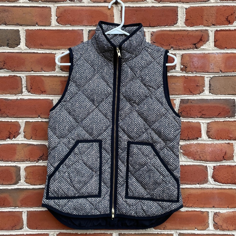 J. Crew Black and Beige Herringbone Zippered Puffer Vest